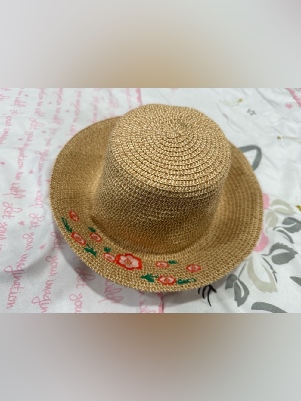 18-24M, Janie and Jack Straw Sun Hat with Coral Floral Embroidery